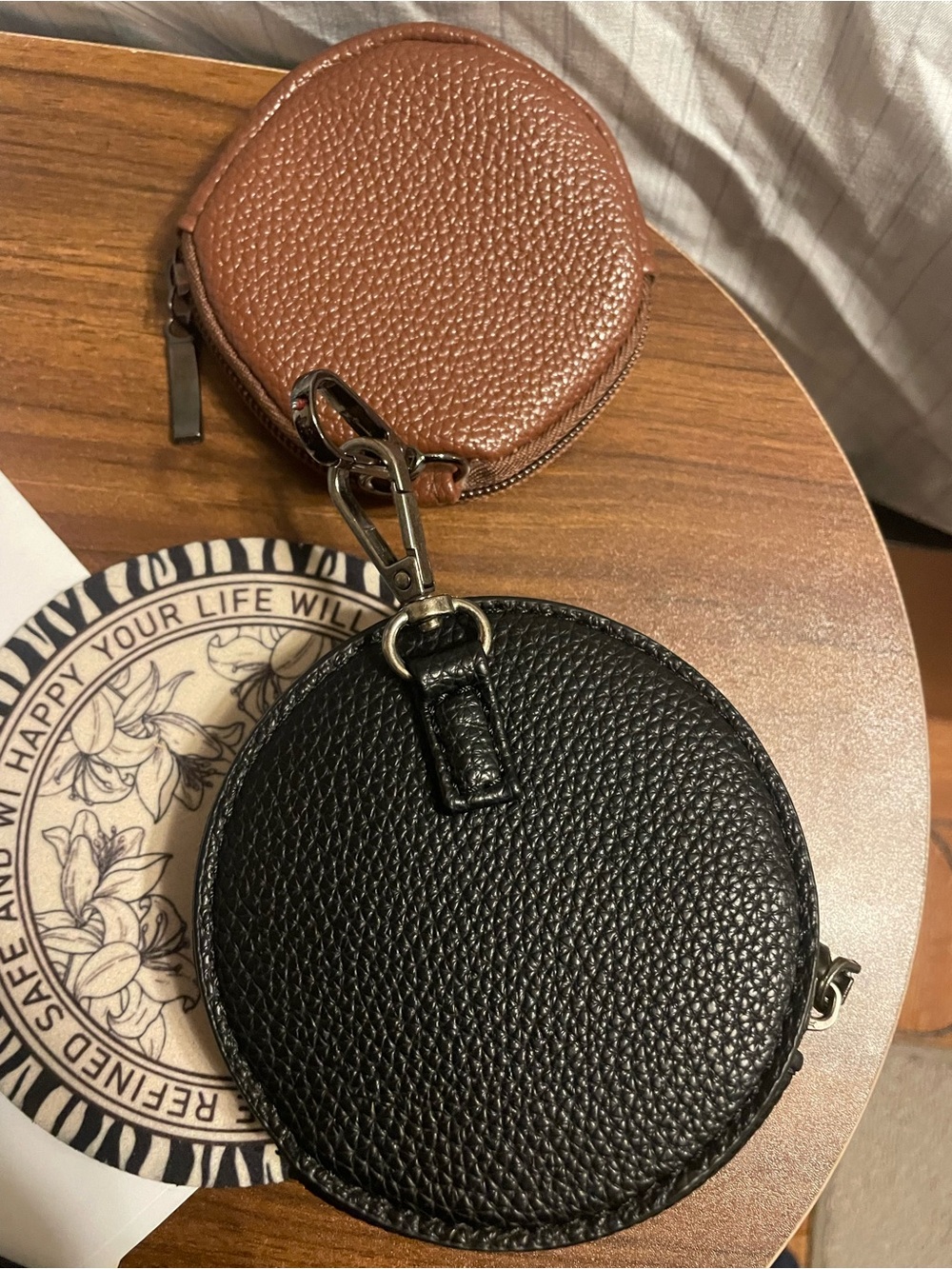 Round Black faux Leather Coin Pouch with Tan Coin Case